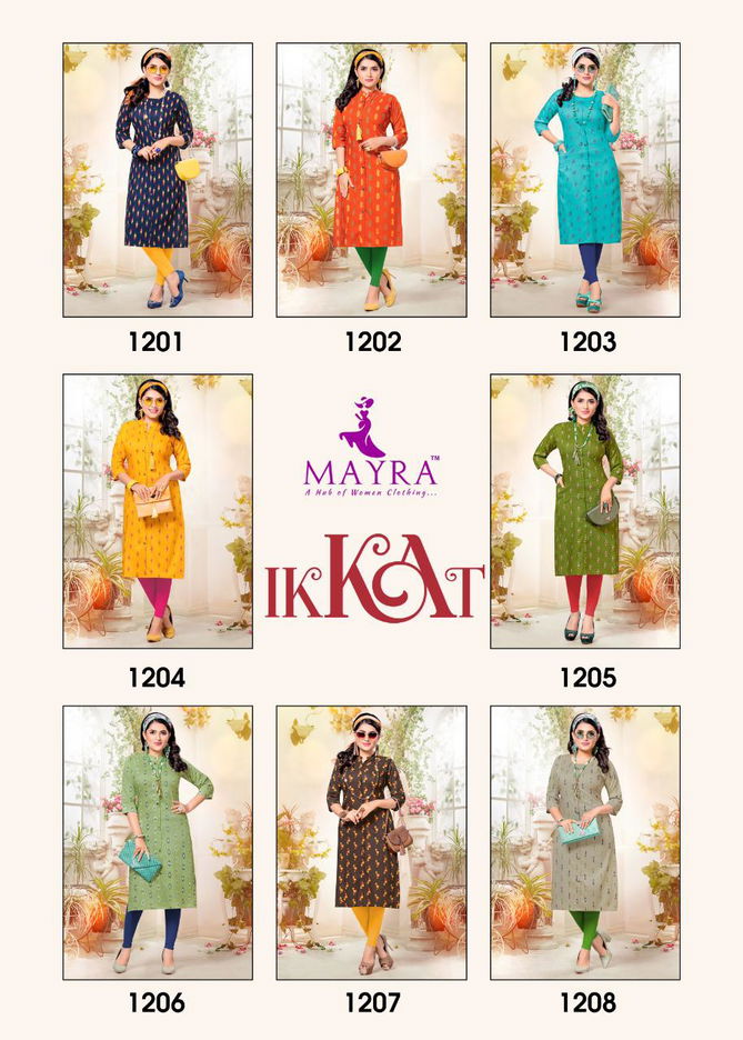 Mayra Ikkat Fancy Designer Regular Wear Rayon Slub Printed Kurtis Collection
